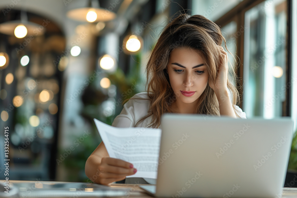 A woman is sitting at a table with a laptop open A woman is sitting at a table with a laptop open