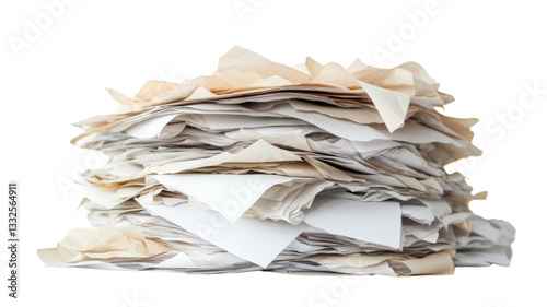 Stack of crumpled paper on transparent background representing bureaucracy and messy administration photo