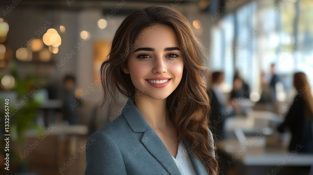 Smiling woman in blazer with long wavy brown hair poses in front of blurred business meeting Smiling woman in blazer with long wavy brown hair poses in front of blurred business meeting