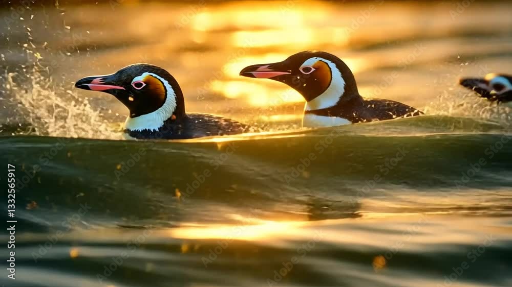 Pinguine springen aus dem Wasser bei Sonnenuntergang
