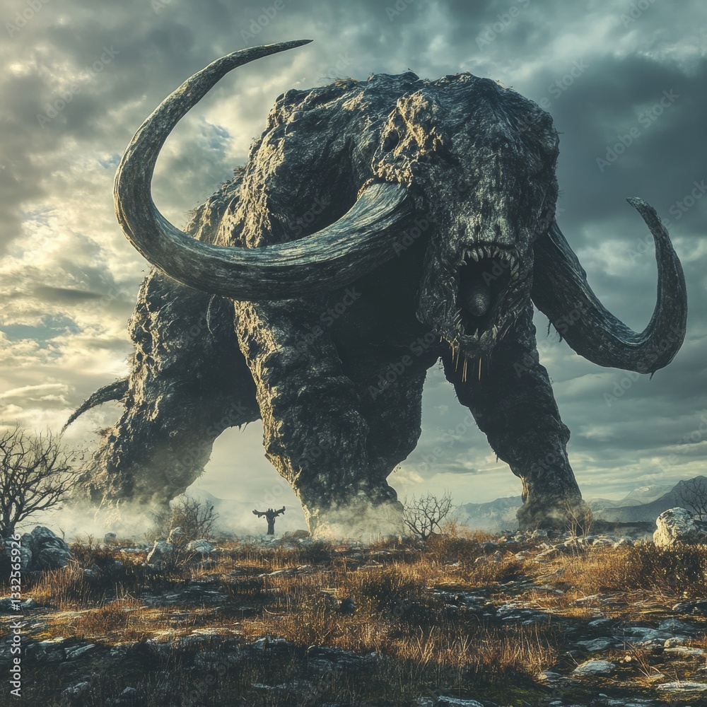Fototapeta premium Massive creature towers over a lone figure in a desolate landscape under a dramatic sky at dusk