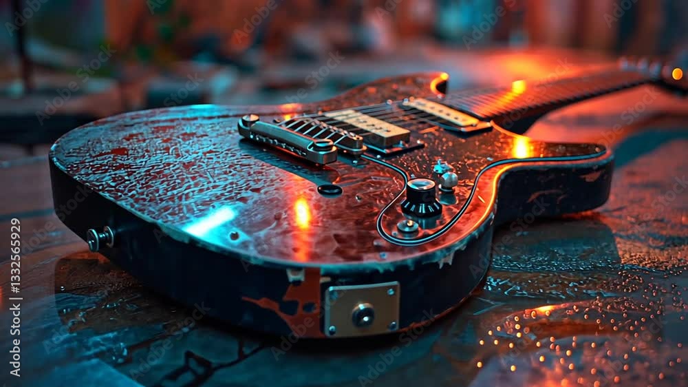 Elektrische Gitarre liegt auf einer Bühne mit Neonlicht