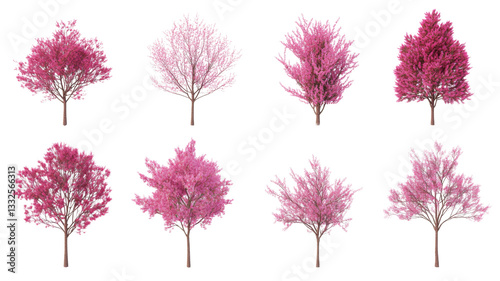 Eight pink flowering trees isolated on transparent background