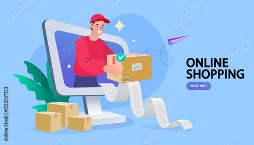 Ecommerce concept. Online shopping. Online delivery service concept. Fast delivery by scooter via mobile phone. Man riding scooter. Vector illustration.