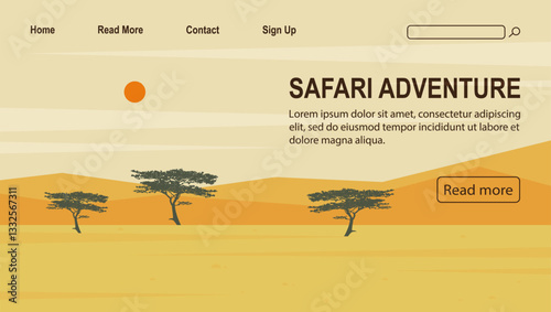 African safari nature Landscape banner. Kenya national park. Concept website design for travel agency