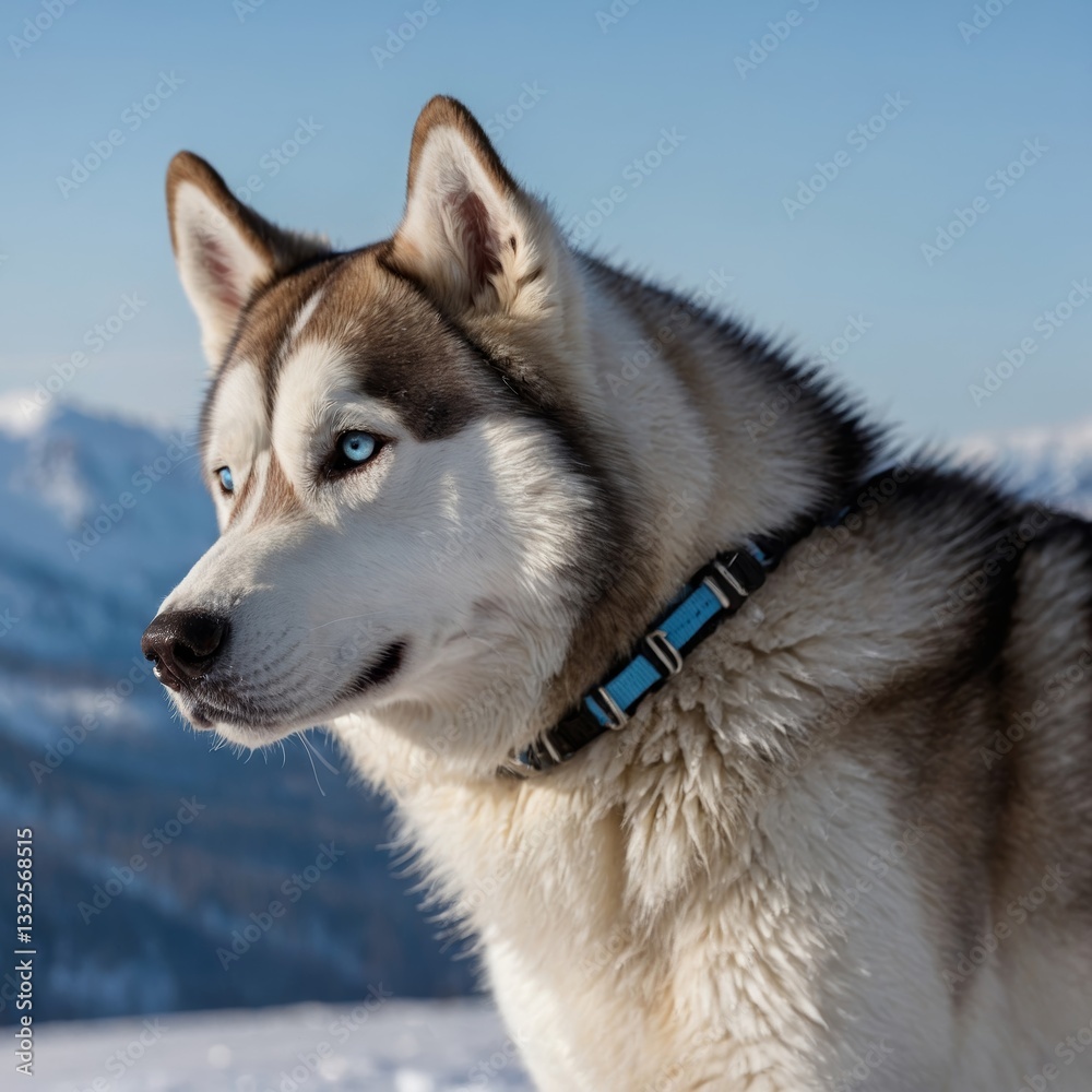 Fototapeta premium Husky with icy blue eyes running through a snowy landscape with falling snow