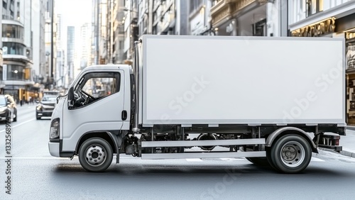 Big delivery truck stands ready for action. Blank white side panel canvas for branding or advertising.