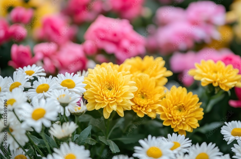 Fototapeta premium Beautiful Floral Arrangement with Bright Yellow Chrysanthemums and White Daisies Surrounded by Colorful Pink Roses in a Lush Garden Setting