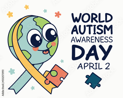 Cute Globe Character with Autism Awareness Ribbon and Puzzle Piece