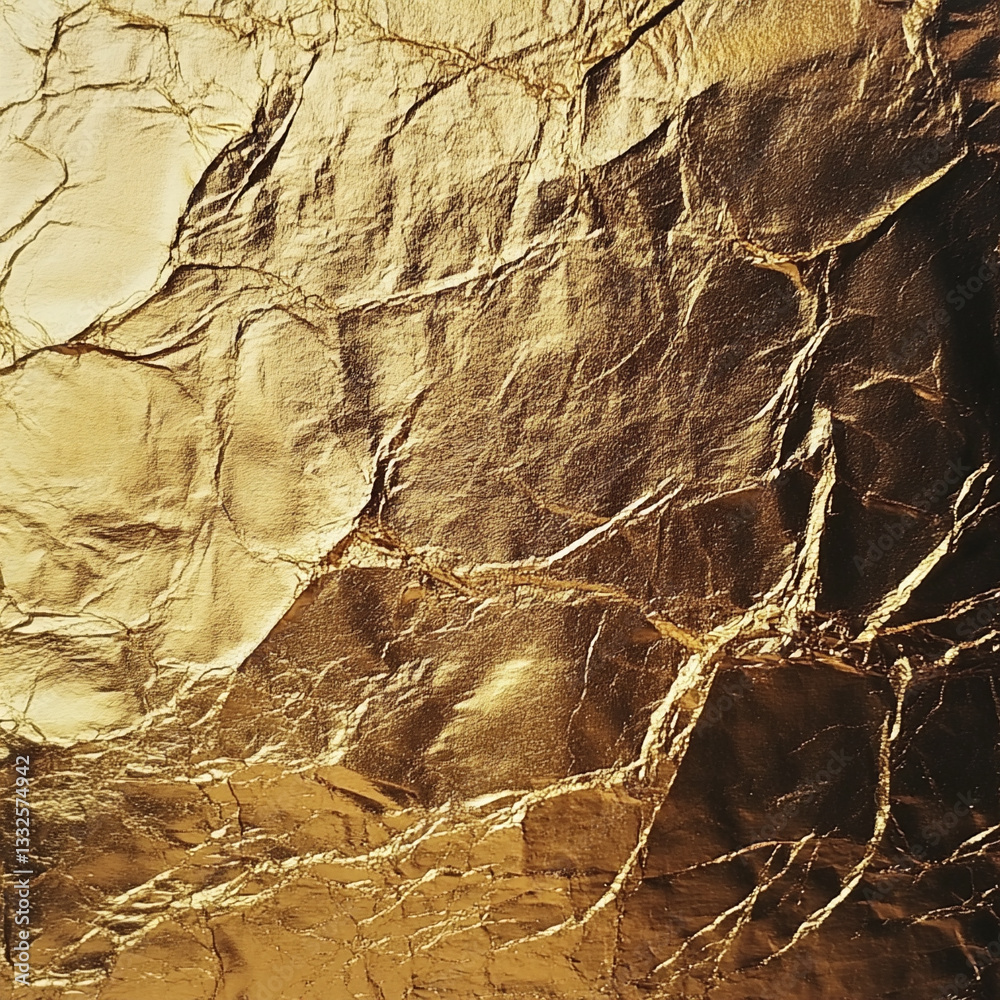Fototapeta premium Shiny gold foil texture with metallic surface and reflective details, perfect for luxury backgrounds, packaging, invitations, and design