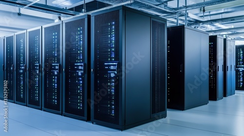 Modern data center filled with operational server racks supporting cloud computing and artificial intelligence solutions