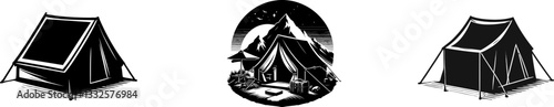 Camping tent silhouette.Camp tent vector icon . Camping gear. Hiking equipment. Tourism consept . Tent flat  icon. Landscape with mountain.