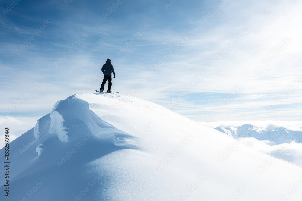 lone snowboarder stands atop snow-covered mountain peak with vast untouched powder snow below illuminated by bright lone snowboarder stands atop snow-covered mountain peak with vast untouched powder snow below illuminated by bright