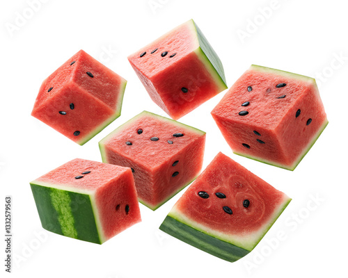 A Collection of Perfectly Cut Watermelon Cubes Floating – Fresh and Juicy