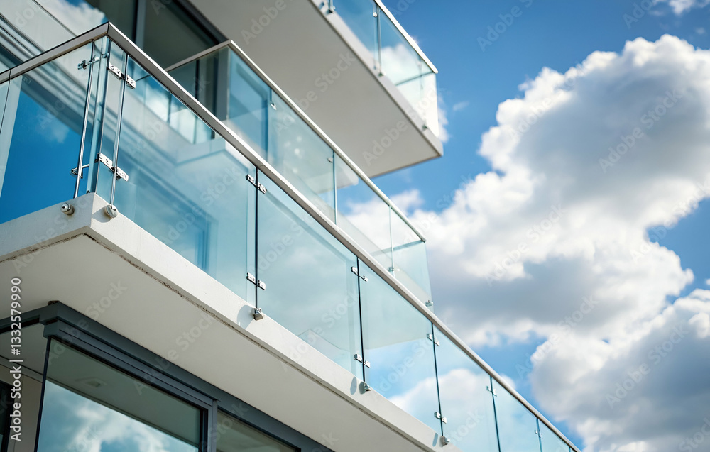 Modern balcony with glass railing against a bright blue sky featuring fluffy white clouds, showcasing contemporary architectural design and outdoor space. Modern balcony with glass railing against a bright blue sky featuring fluffy white clouds, showcasing contemporary architectural design and outdoor space.