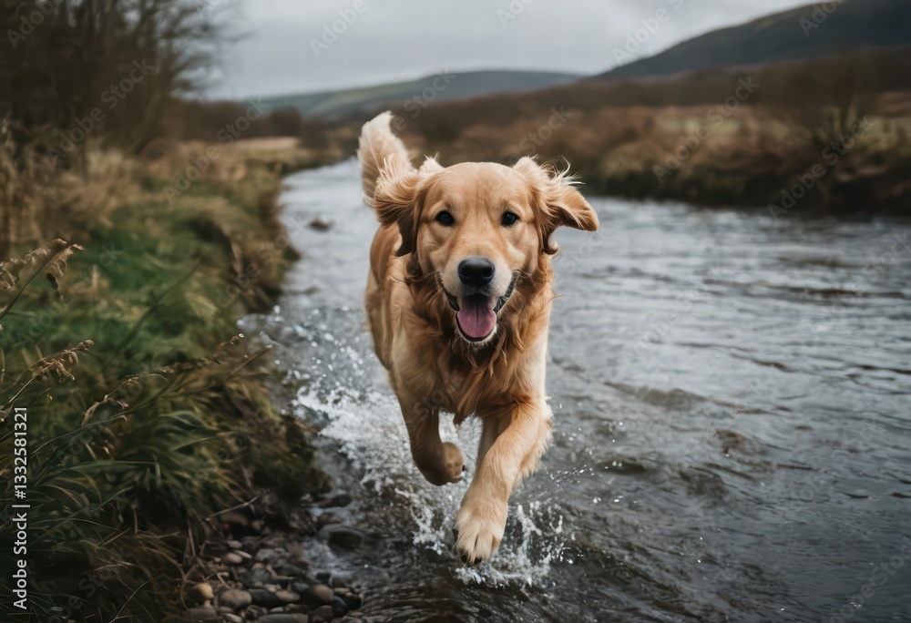 golden retriever dog running in the water of a river, in the contryside, in cold autumn, with fog and misty weather golden retriever dog running in the water of a river, in the contryside, in cold autumn, with fog and misty weather