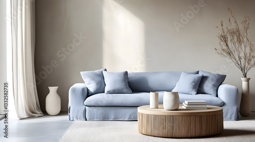 Serene Living Room Interior with Light Blue Linen Sofa and Wooden Coffee Table
