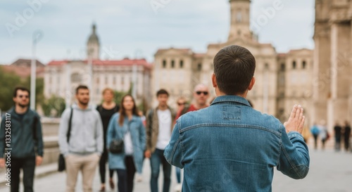 Fototapeta Naklejka Na Ścianę i Meble -  Male tour guide leading diverse group on city tour