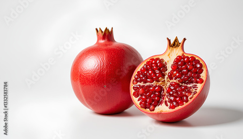 Two pomegranate halves Bright vibrant red pomegranates with intense color saturation Juicy glistening seeds are visible within the halves showcasing a rich deep red hue against the pale yellow