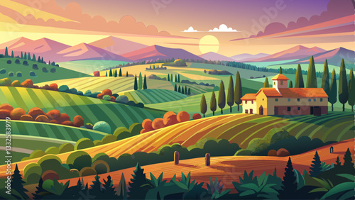 Italy countryside landscape with Tuscany rolling hills ; sunset over the farm land