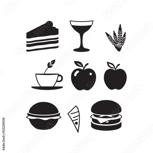 Food and Drink Icon Set with Burgers Pizza Coffee and Desserts