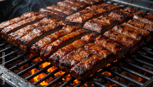 Close-up view of ribs grilling on a barbecue. Many ribs are arranged in rows glistening with a dark brown glaze.