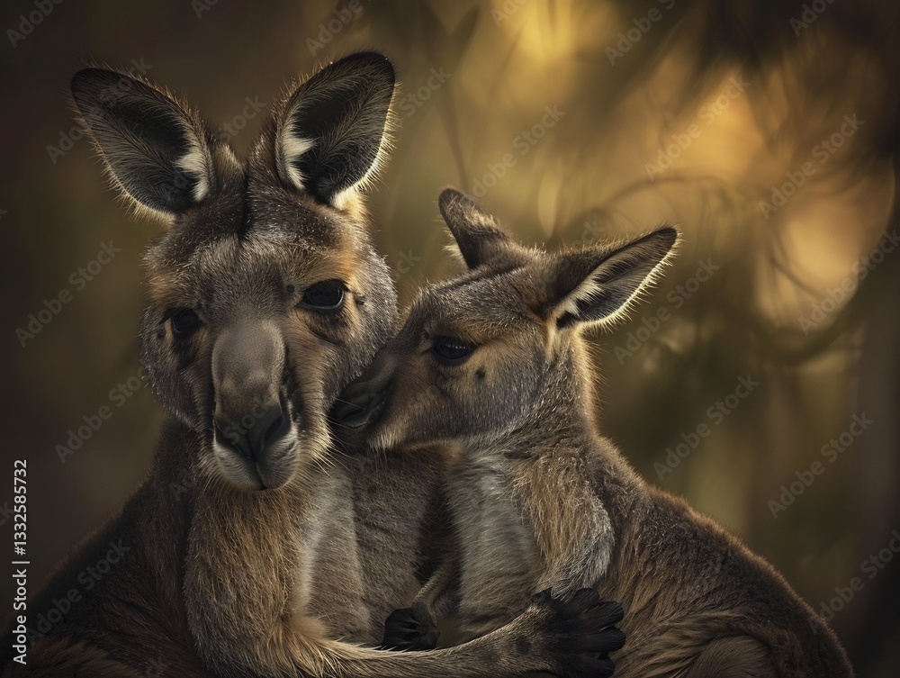 Fototapeta premium Mother Western Grey Kangaroo gently nuzzling her joey under warm glow of dawn soft dreamy lighting enhancing emotion of moment shallow depth of field creates painterly background emphasizing deep bond