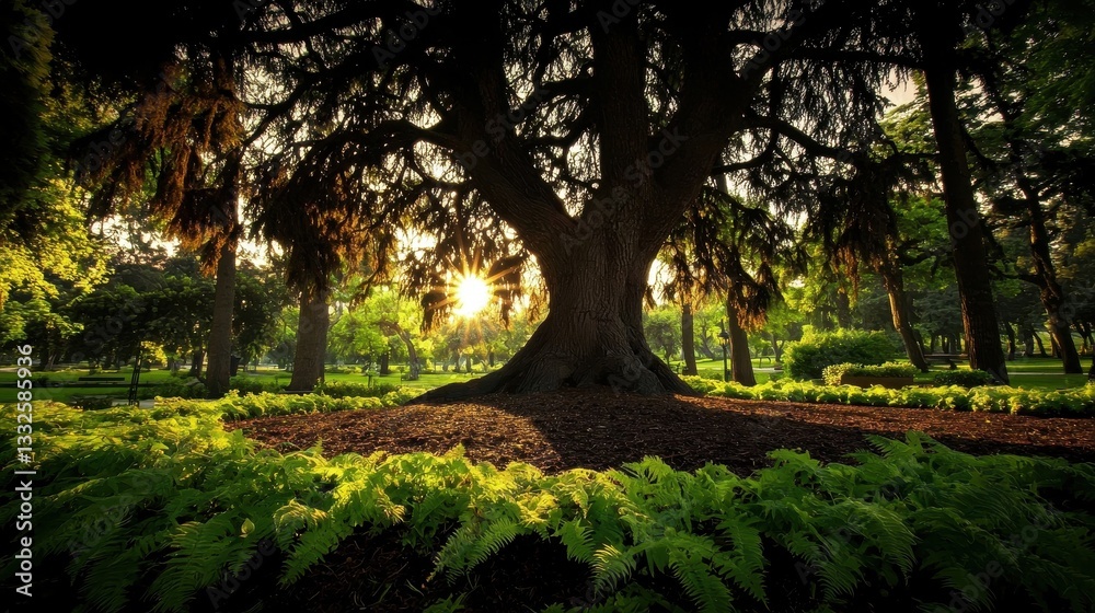 Naklejka premium The majestic old tree stands tall in a beautiful park setting