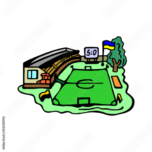 Vector color illustration of a football stadium with grandstand and scoreboard on a white isolated background