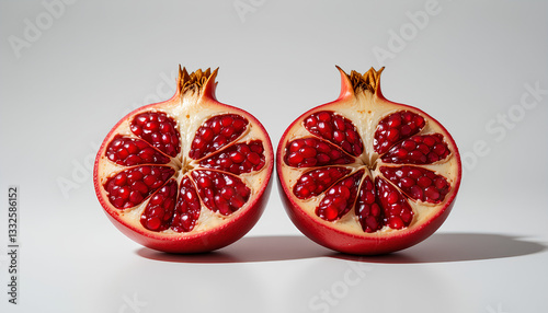 Two pomegranate halves Bright vibrant red pomegranates with intense color saturation Juicy glistening seeds are visible within the halves showcasing a rich deep red hue against the pale yellow