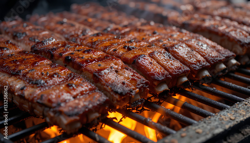 Close-up view of ribs grilling on a barbecue. Many ribs are arranged in rows glistening with a dark brown glaze.