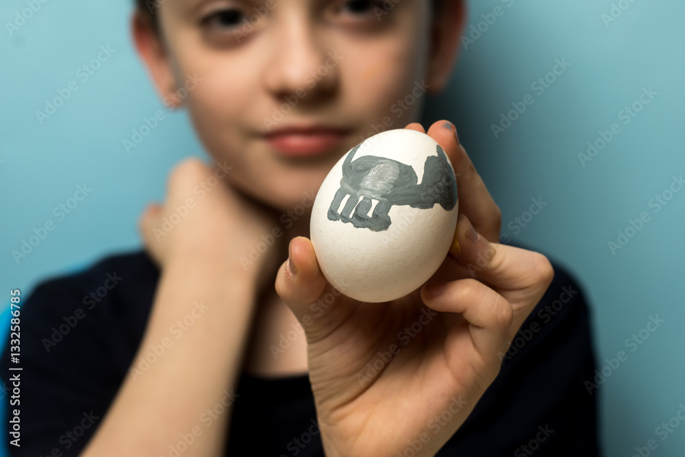 A boy proudly holds a painted egg with a gray bear design against a light blue background. Perfect for Easter, kids' crafts, and creative art themes.