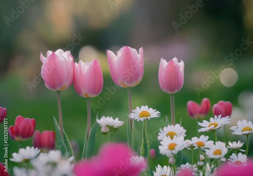 Beautiful pink tulips and daisies blooming in a vibrant garden setting during spring with soft bokeh effect creating a dreamy atmosphere