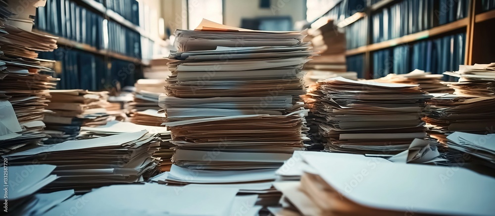 Obraz premium Stacks of documents and papers in an office or library, representing the immense collection of historical data being archived. 