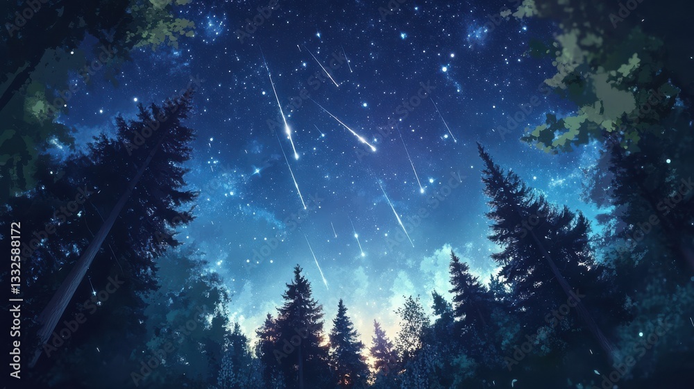 Naklejka premium A beautiful landscape of a forest at night with a starry sky and shooting stars. The sky is dark blue and the stars are bright white. The trees are tall and green.