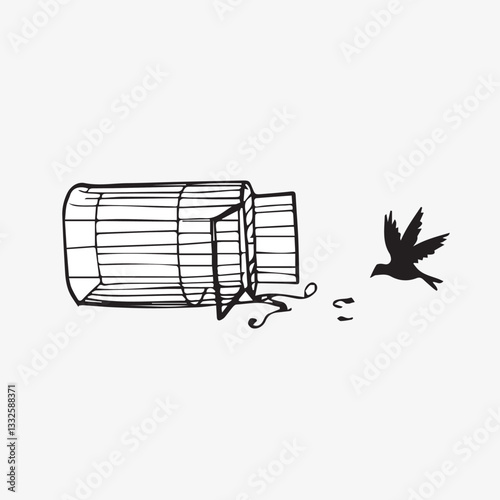 Simple Line Art Illustration: Bird Silhouette Flying Away from a Hand-Drawn, Overturned Cage on a Light Background