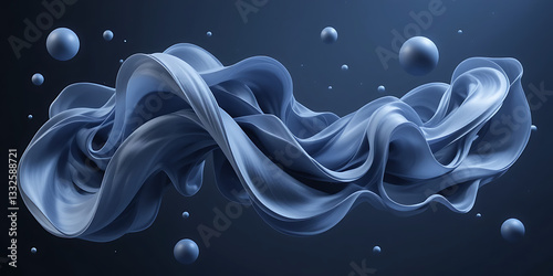 A mesmerizing 3D digital artwork featuring deep blue flowing fabric twisted into an elegant abstract shape. Surrounding metallic spheres add a futuristic and surreal touch against a dark atmospheric b