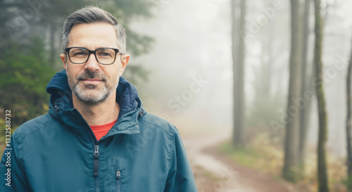 Caucasian male in blue jacket exploring misty forest trail