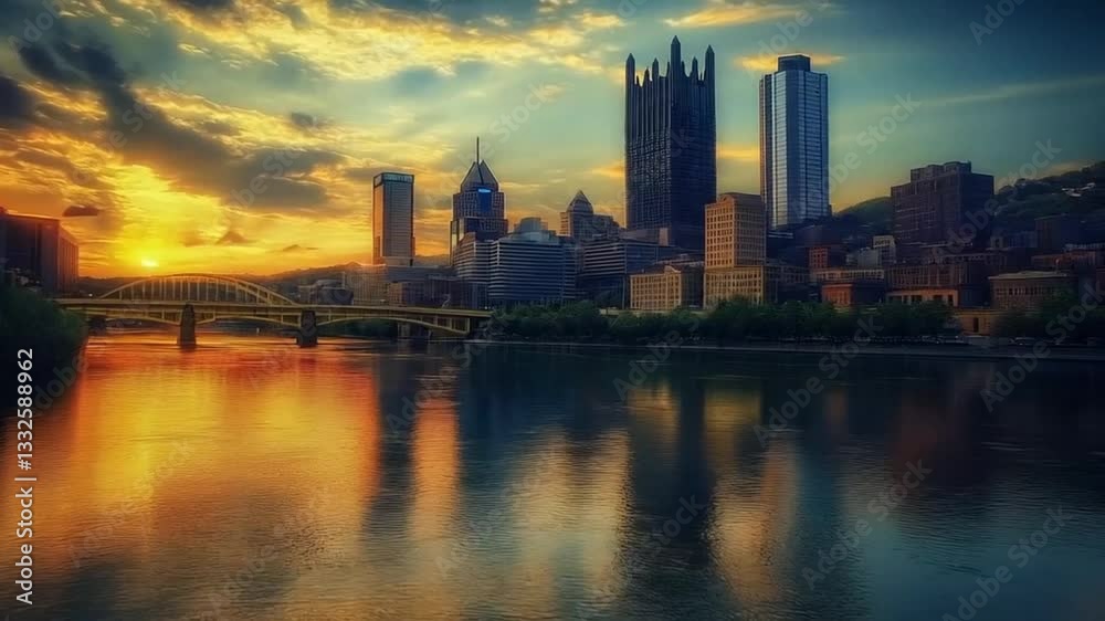 City Skyline at Sunset: A Stunning Urban Reflection, smooth repeating motion for background video animation City Skyline at Sunset: A Stunning Urban Reflection, smooth repeating motion for background video animation
