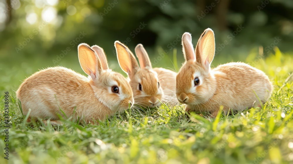 Fototapeta premium Three Brown Rabbits in a Sunny Green Field