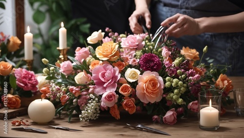 A person arranges flowers with scissors in a bright table centerpiece.