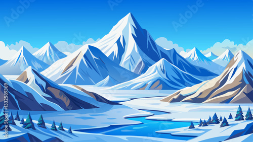 Wide angle view landscape of white snowy mountains range with clear blue sky during cold winter. Nature concept for extreme lifestyle product background