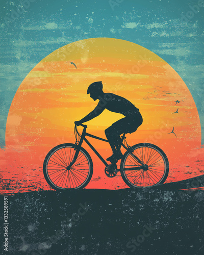 Cyclist silhouette riding against sunset in vintage artwork
