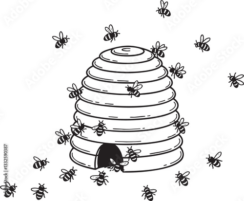 Beehive with Bees Vector Outline Clipart