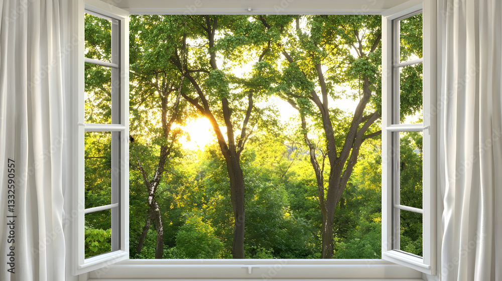 Open Window with White Curtains and a View of Green Trees Open Window with White Curtains and a View of Green Trees