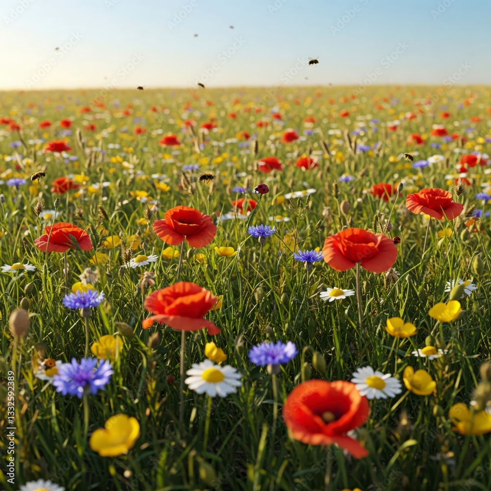 Obraz premium Here's a description and keywords:Description: A sunlit meadow filled with vibrant red poppies, blue cornflowers, and white daisies, with bees flying above, creating a serene and natural summer scen