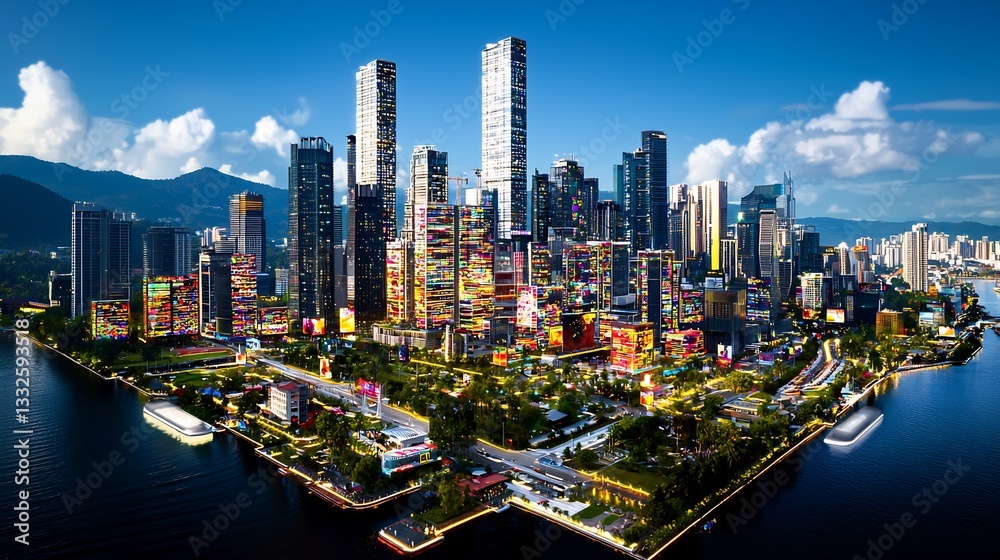 Obraz premium Aerial view of vibrant cityscape with modern skyscrapers, colorful buildings, and waterfront park.