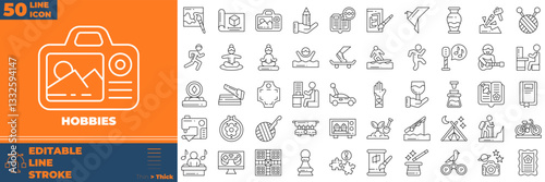 Hobbies Line Editable Icons set. Vector illustration in modern thin line style of hobbies icons: painting, photography, acting, traveling, hiking, etc