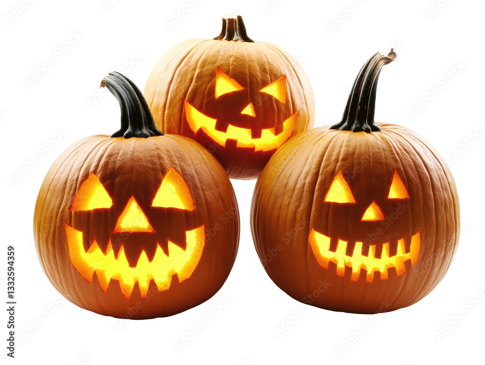 Isolated Three Halloween Pumpkins with Carved Faces Isolated Three Halloween Pumpkins with Carved Faces
