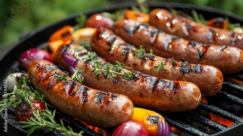 Grilled sausages and vegetables on a grilled plate outdoor grilled food bbq